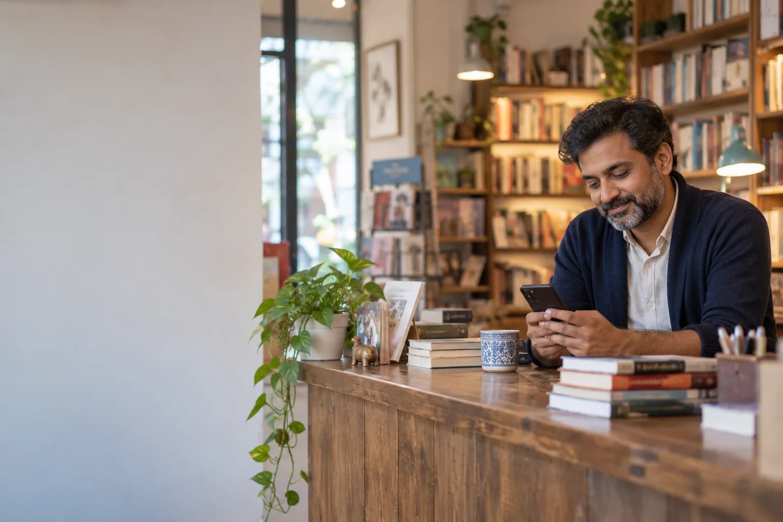 A bookshop owner checking public customer questions