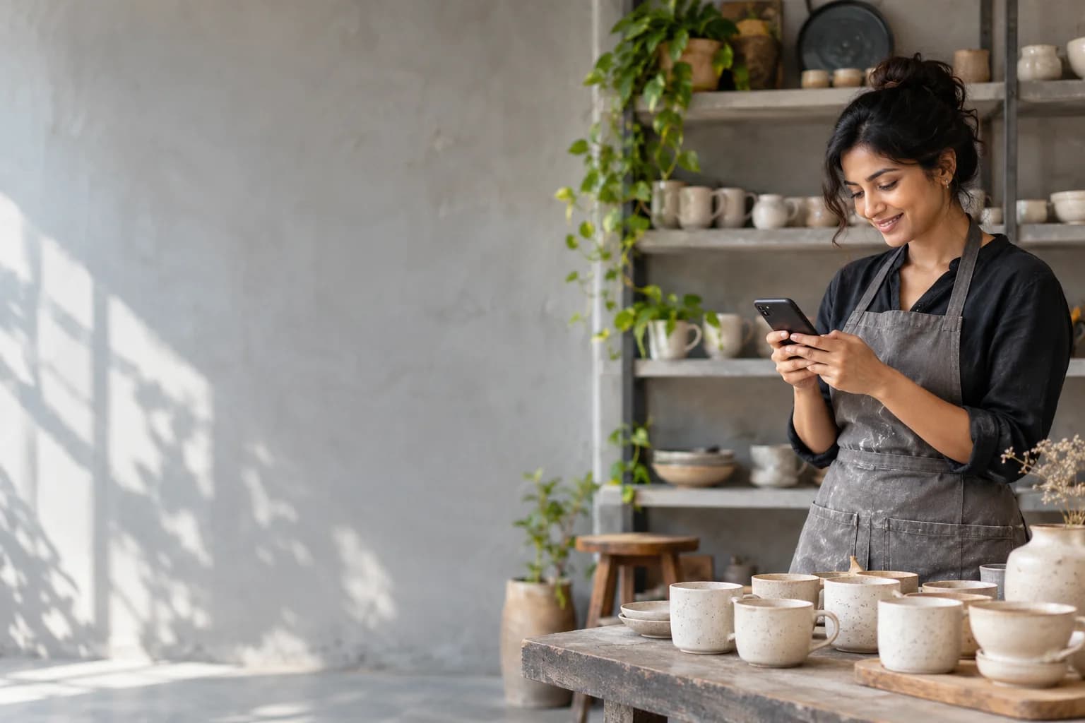 A ceramics maker checking a product question in her studio