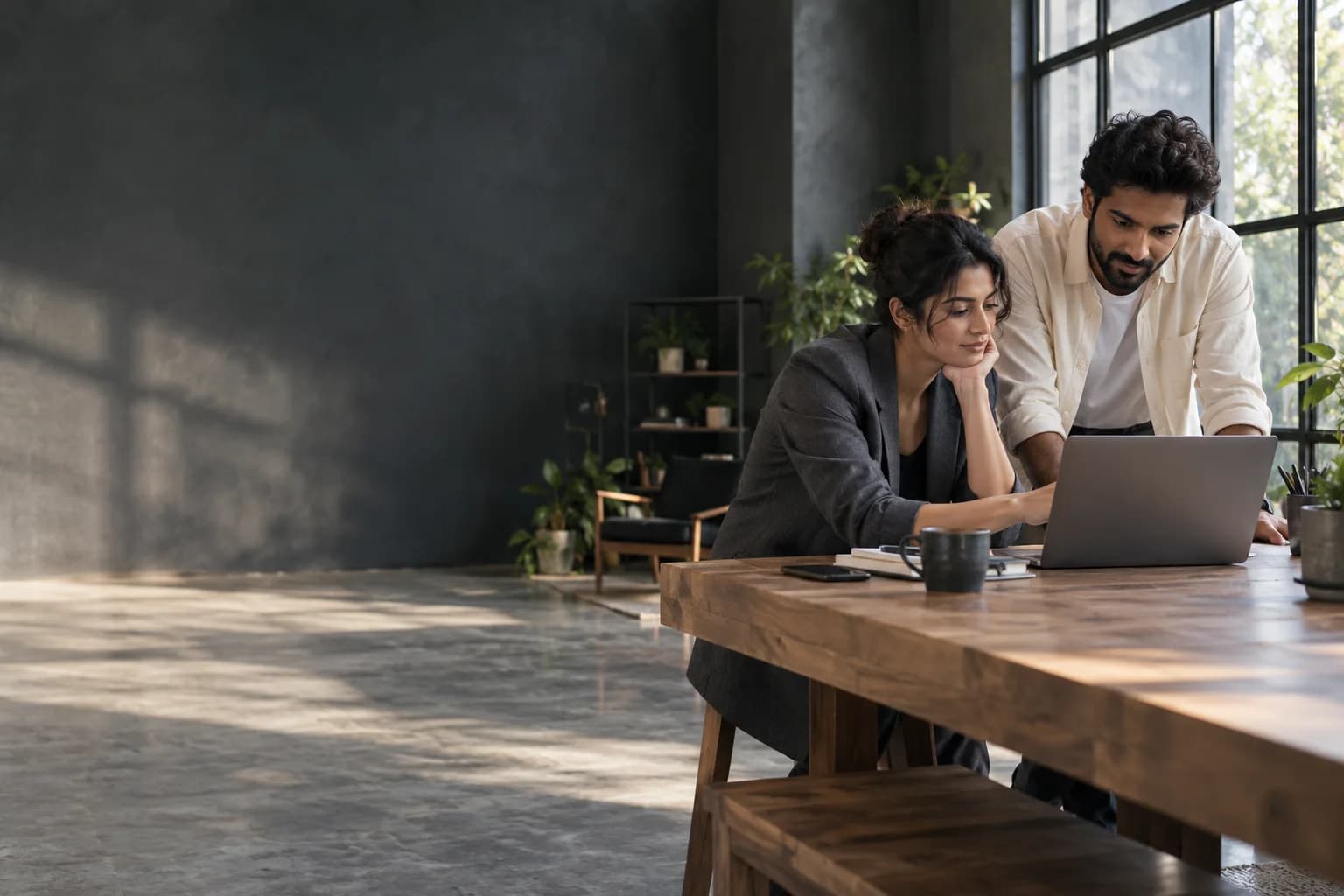Two designers reviewing a workflow together in a creative studio