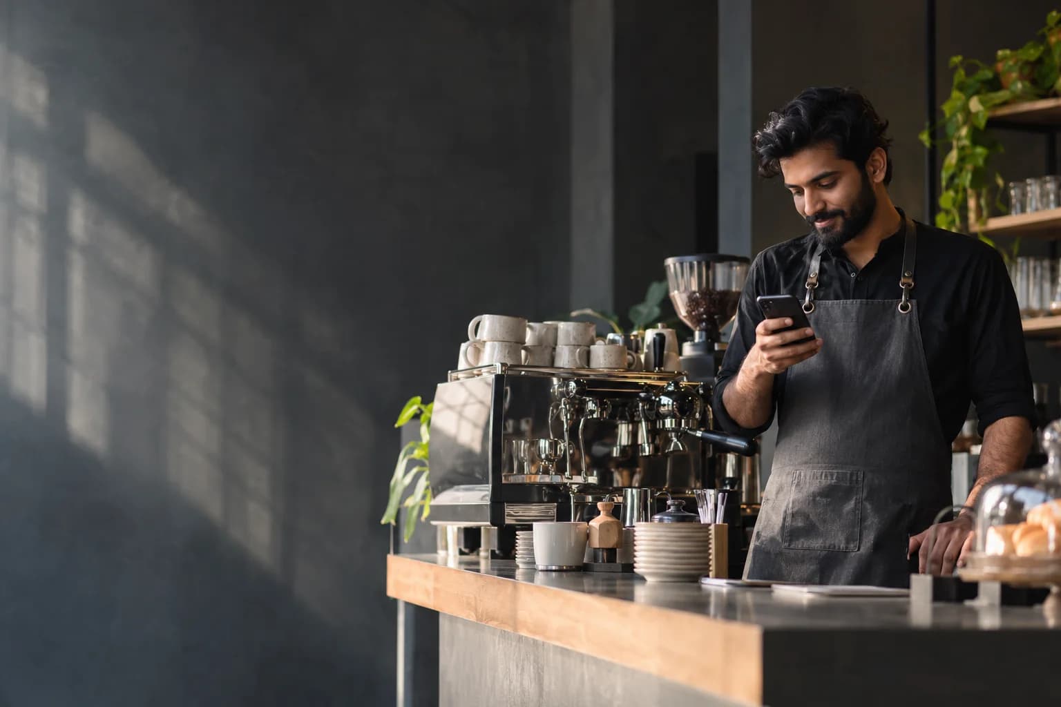 A cafe owner checking a customer question beside an espresso machine
