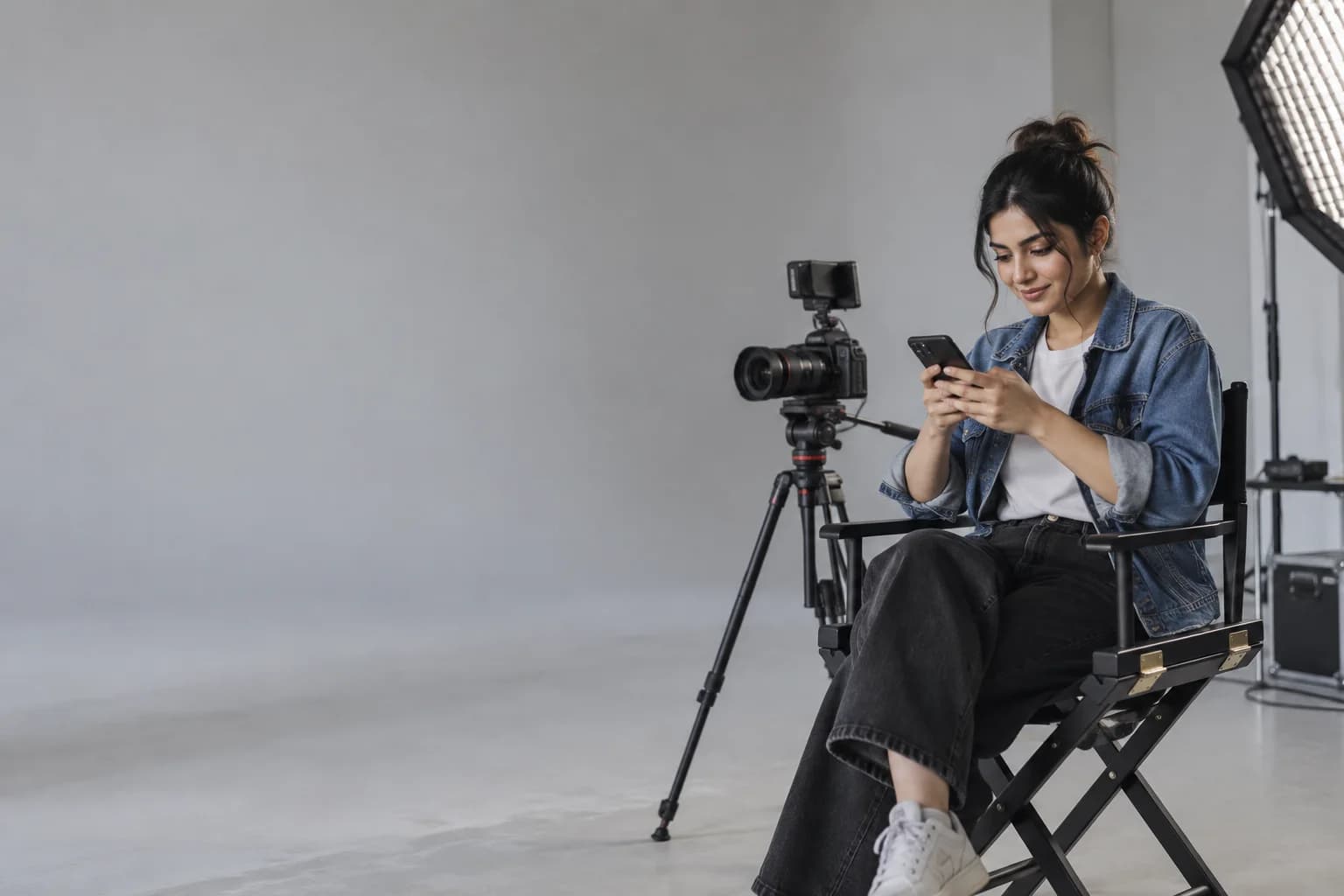 A videographer checking requests after recording a Reel