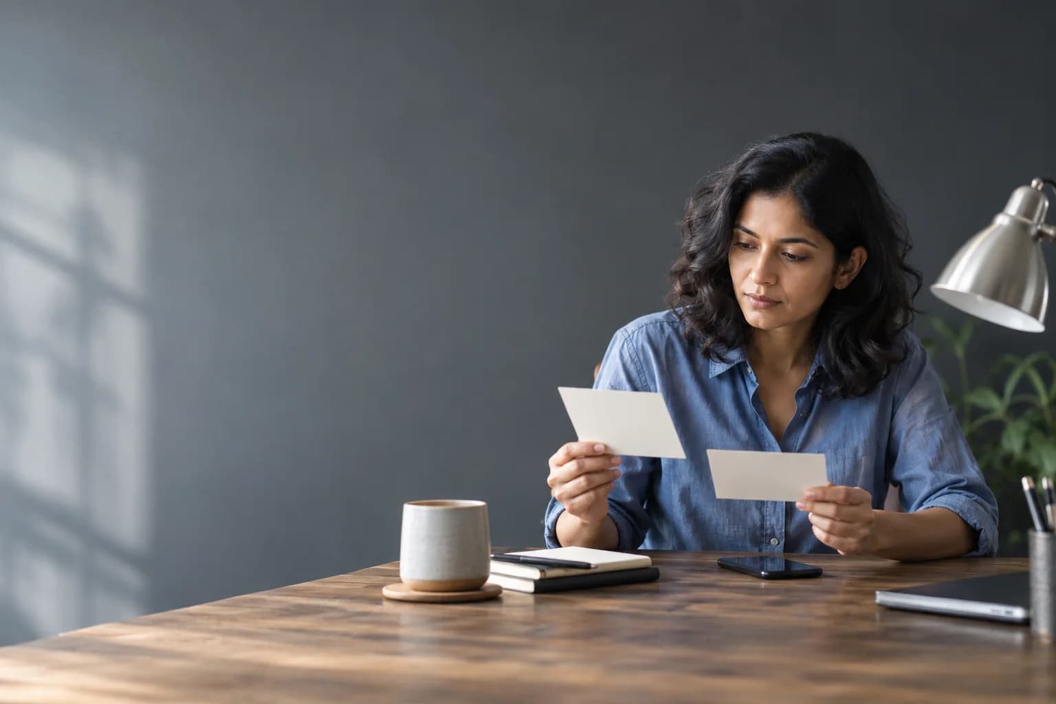 A copywriter comparing two message ideas at her desk