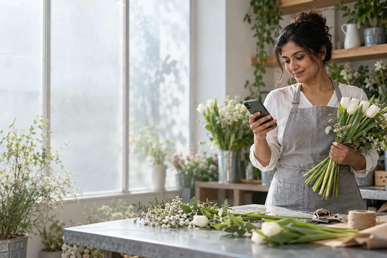 A florist noticing a customer message in her flower studio