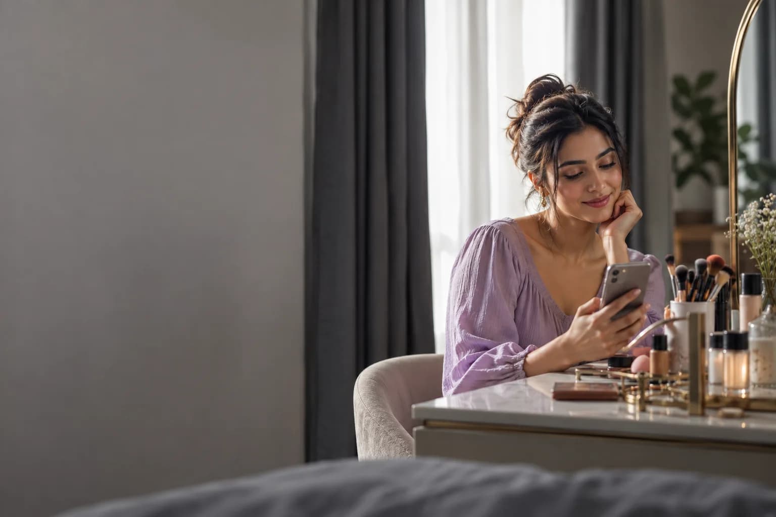 A beauty creator checking a reply beside her recording vanity