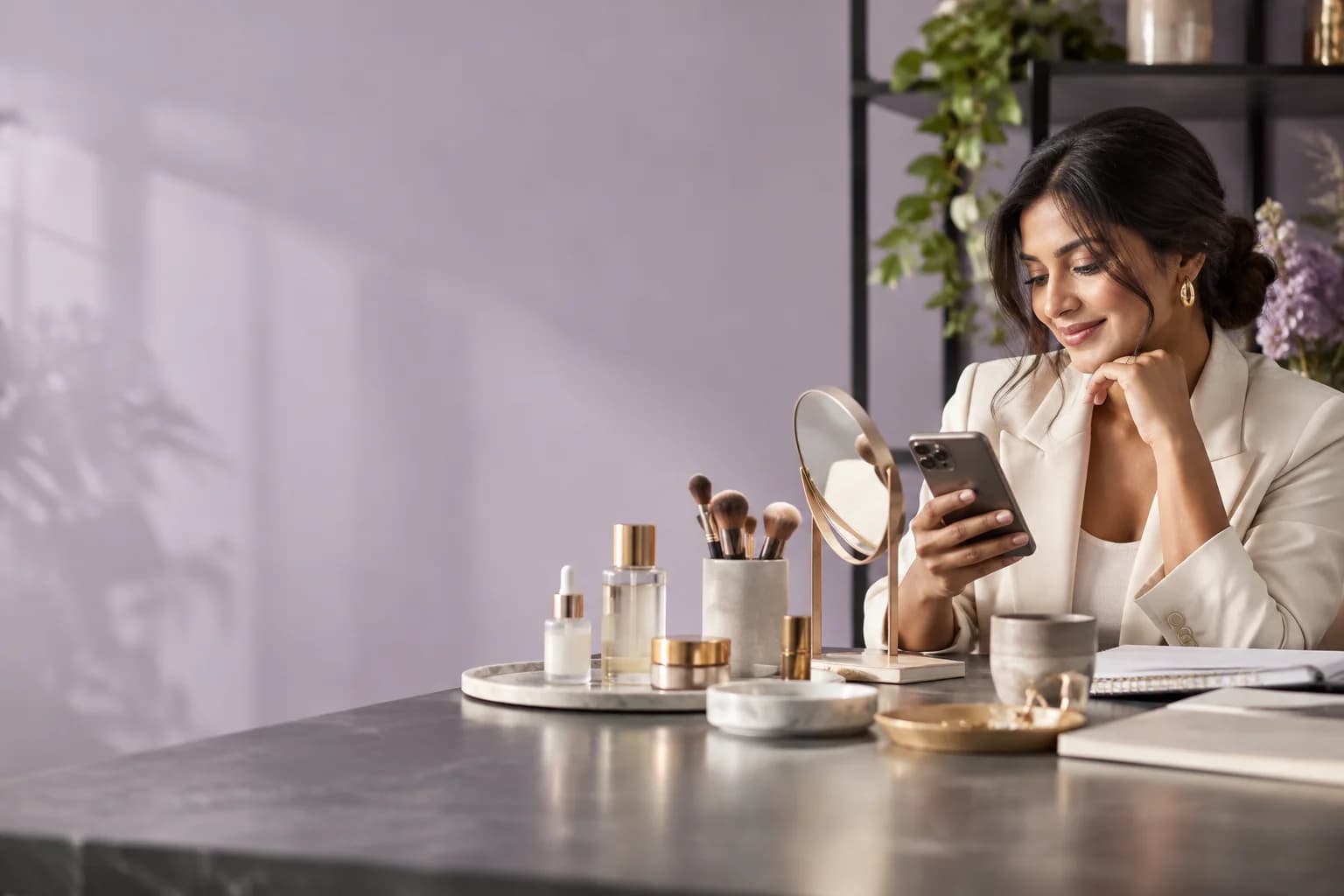 A beauty brand founder checking product requests beside her display