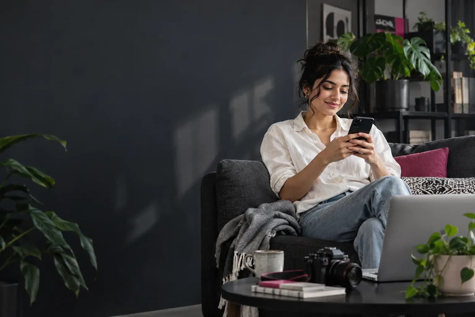 A content creator checking her phone in a quiet creative studio