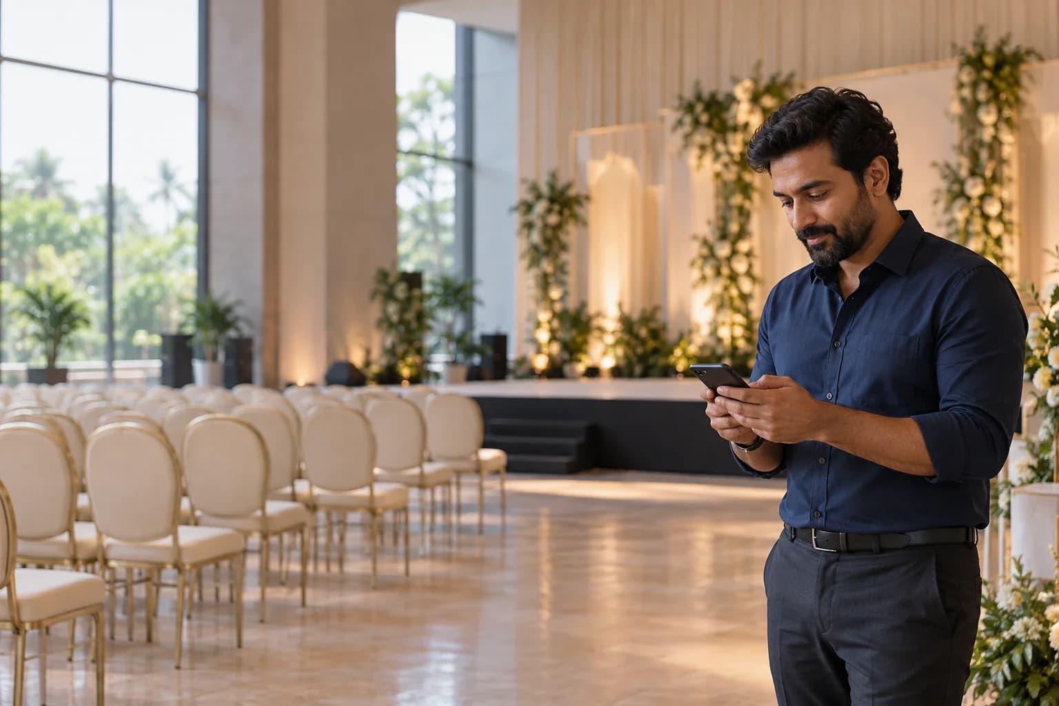 An event organiser checking attendee enquiries in a venue