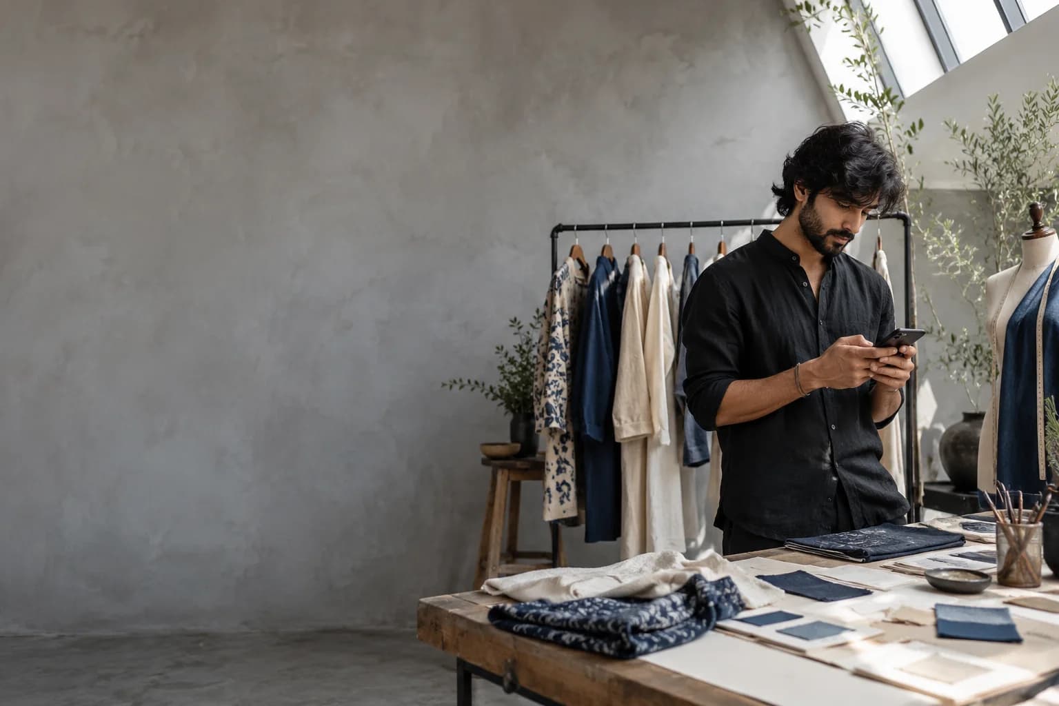 A fashion designer reviewing shopping requests in his atelier