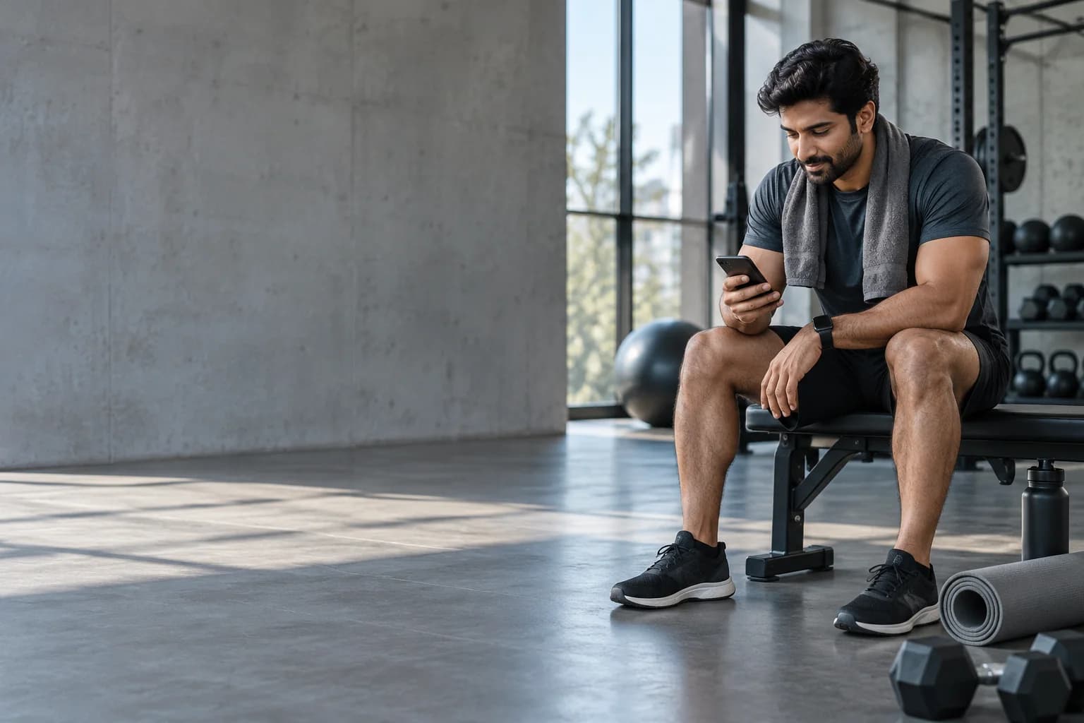 A fitness coach checking programme enquiries during a break