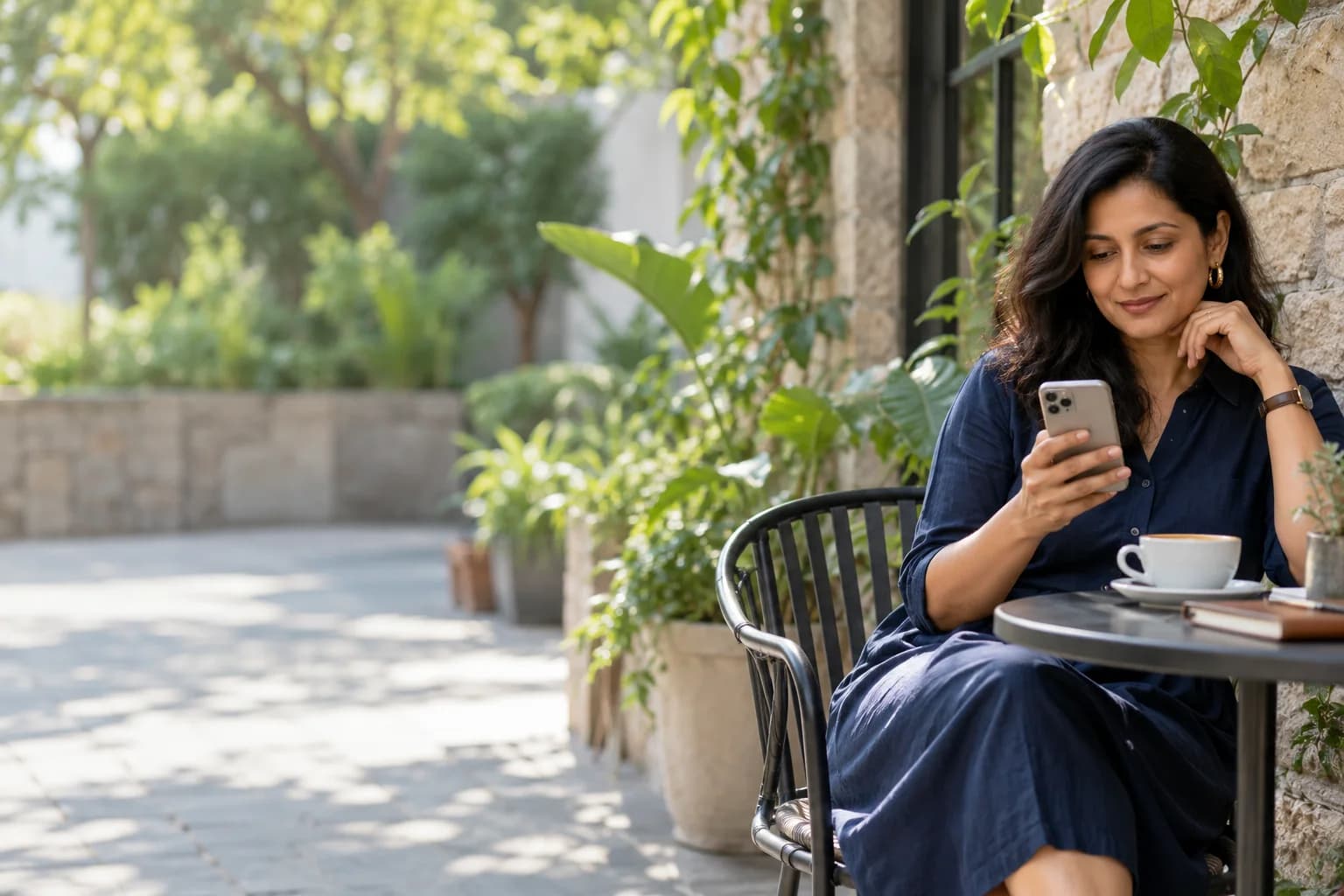 A small business founder checking her phone at an outdoor cafe