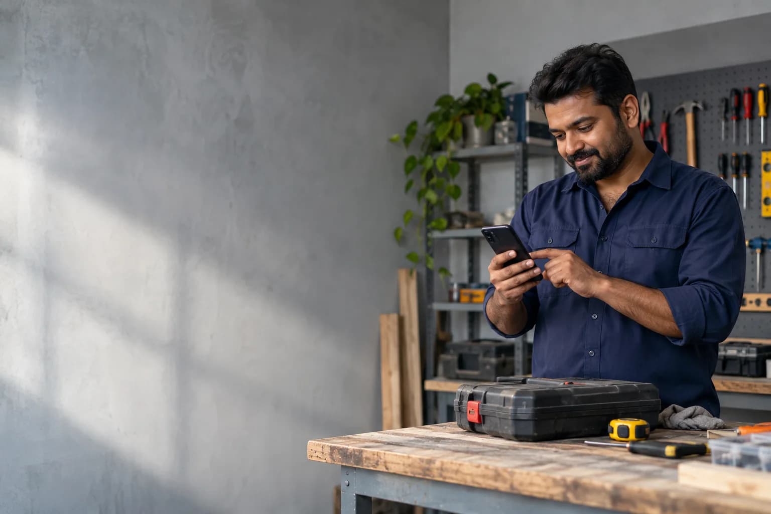 A service business owner checking a job enquiry at his workshop