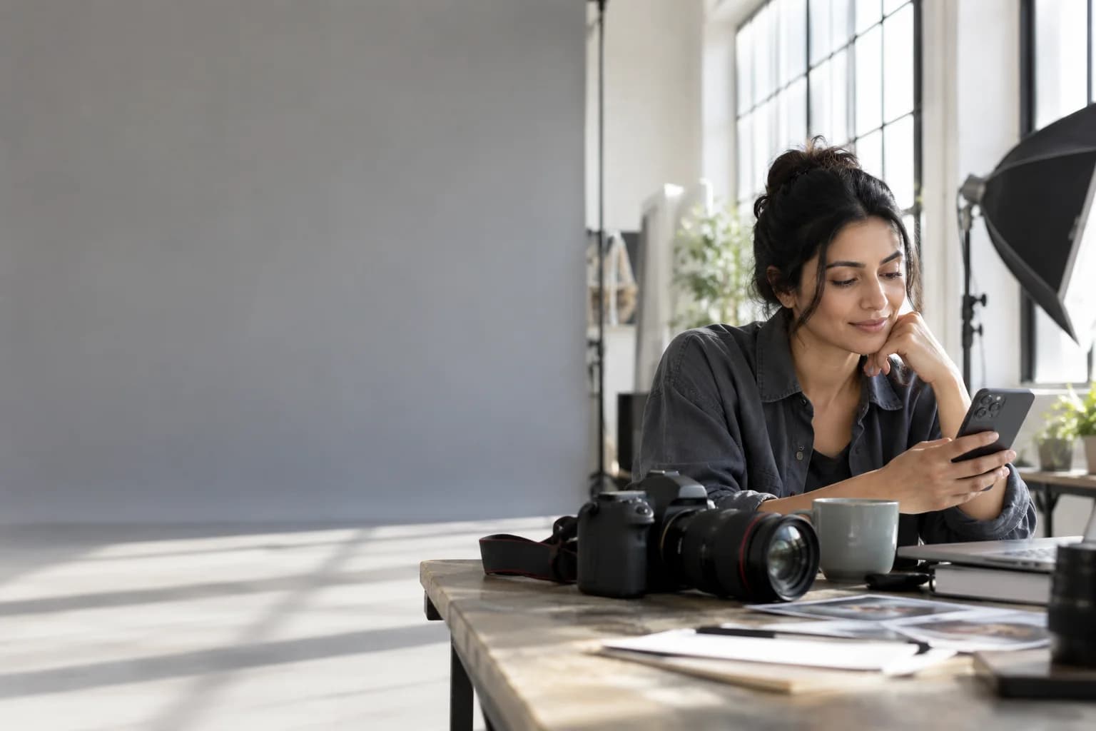 A photographer reviewing a shoot enquiry in her studio