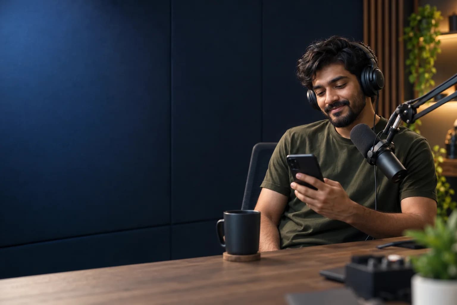 A podcaster checking listener requests after recording