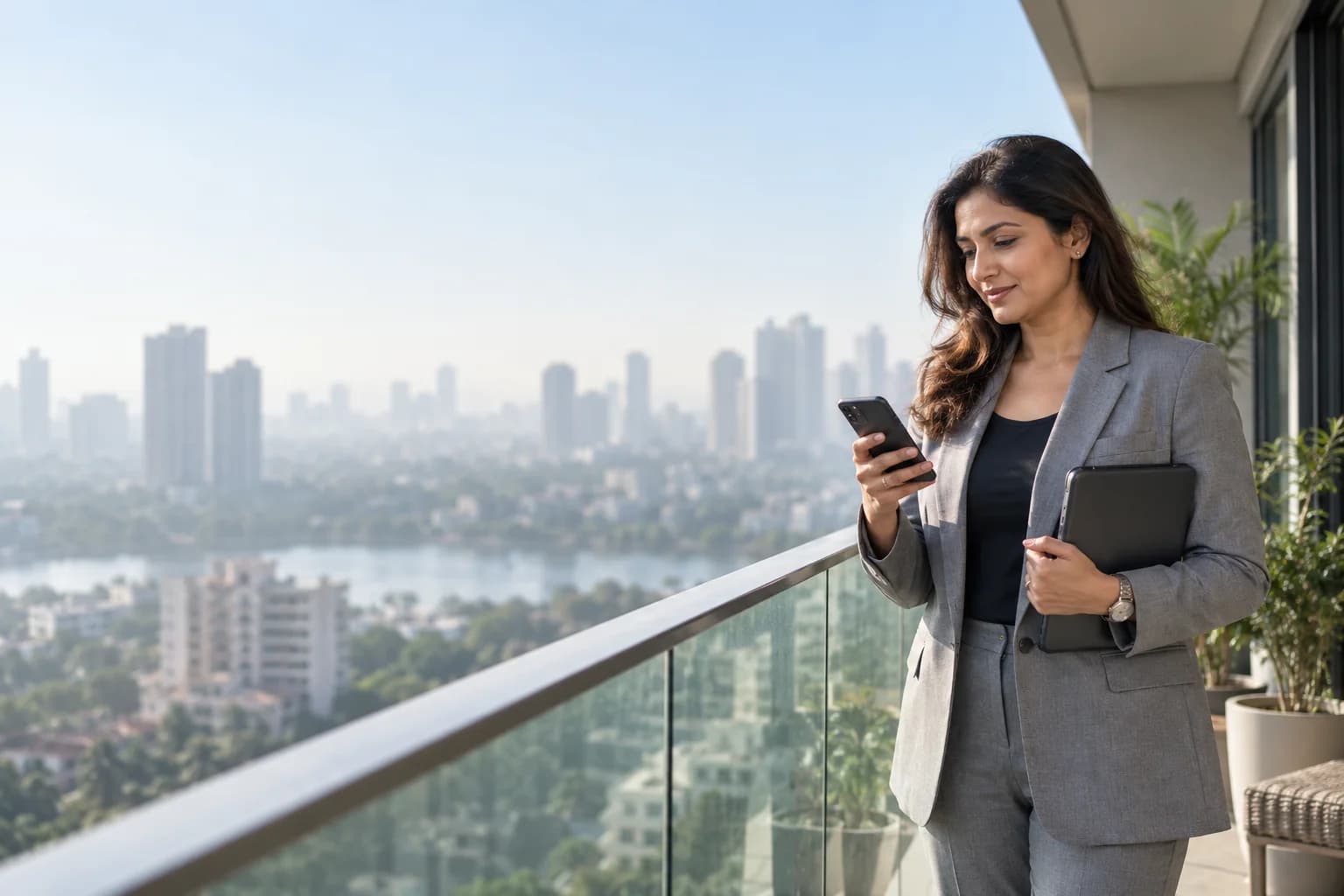 A property agent reviewing a listing enquiry on an apartment balcony