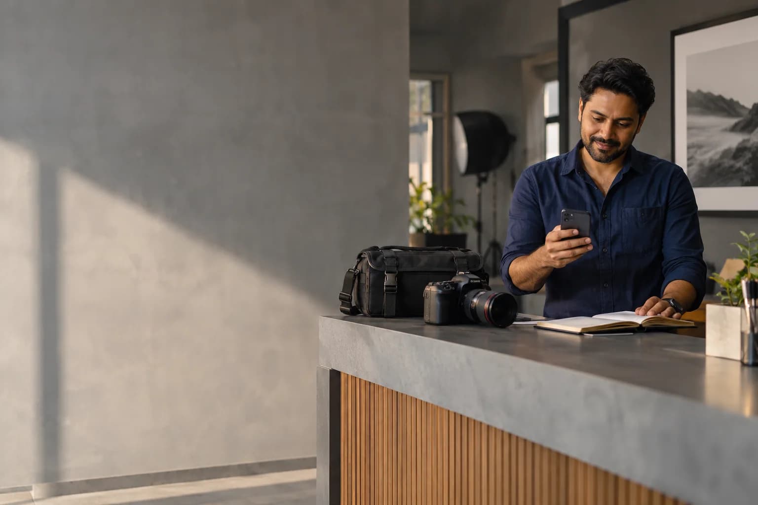 A studio owner checking an appointment enquiry at reception