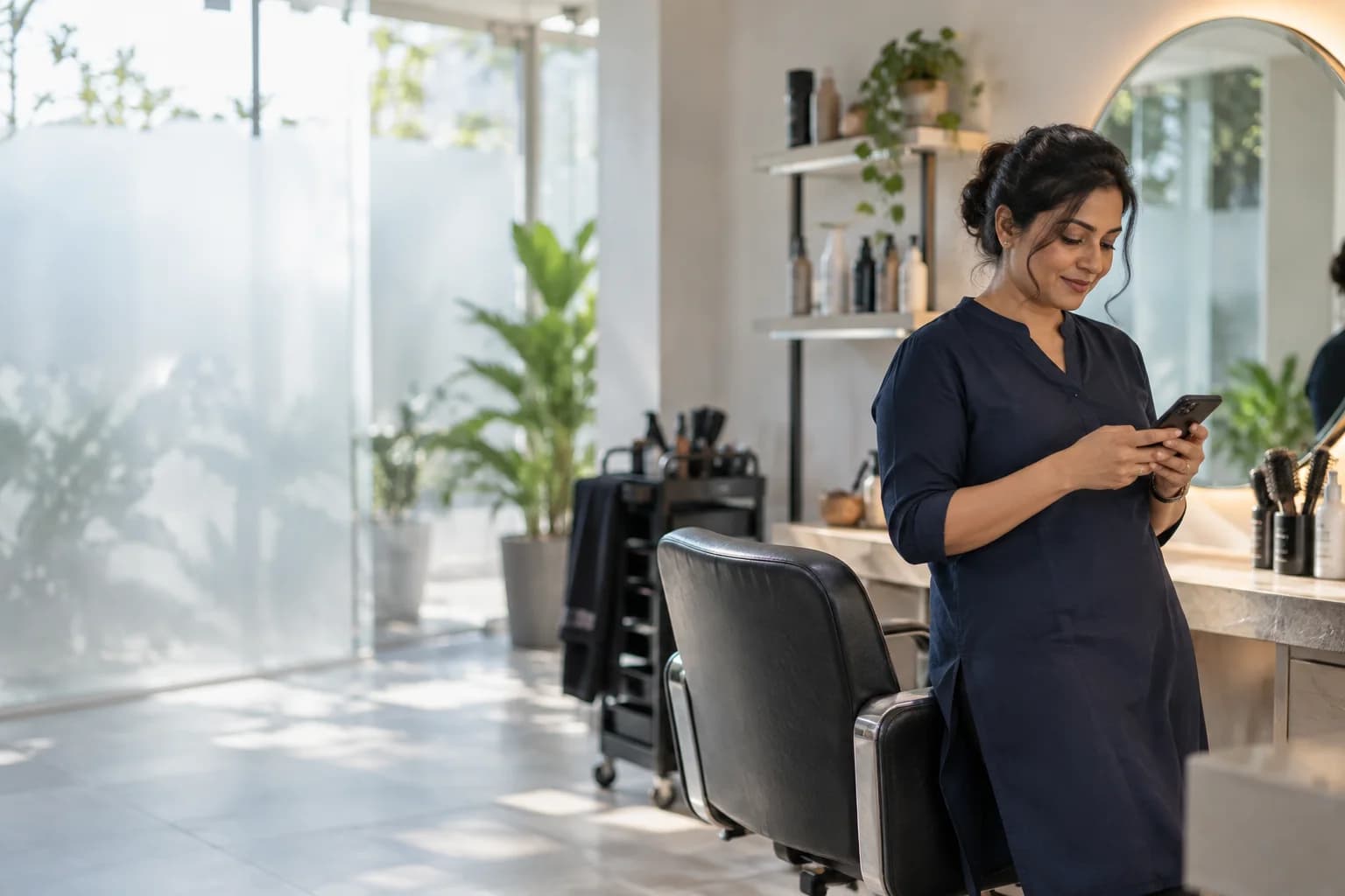 A salon owner checking an opening-hours question