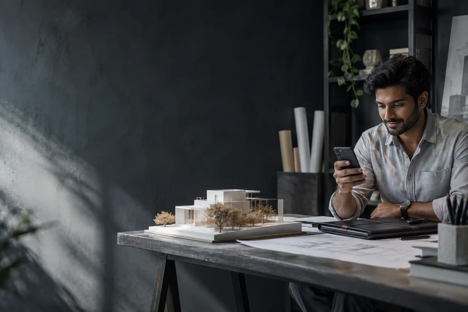 A professional checking a package-price enquiry beside his portfolio