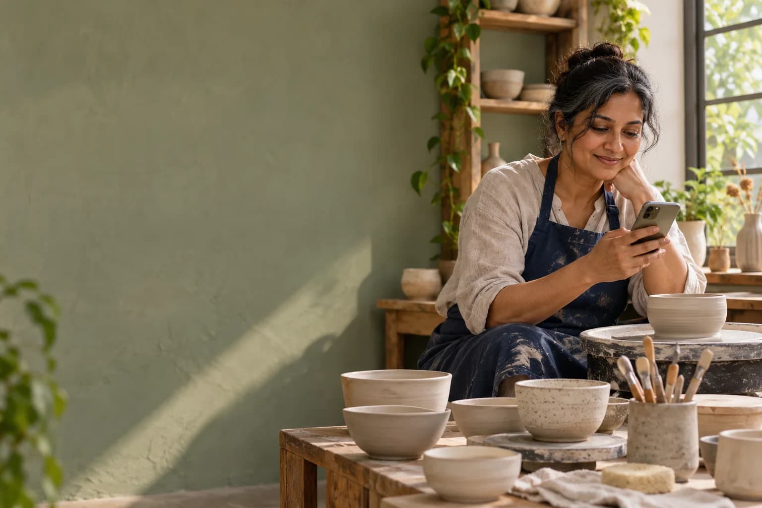 An artist welcoming an enquiry in her ceramic studio