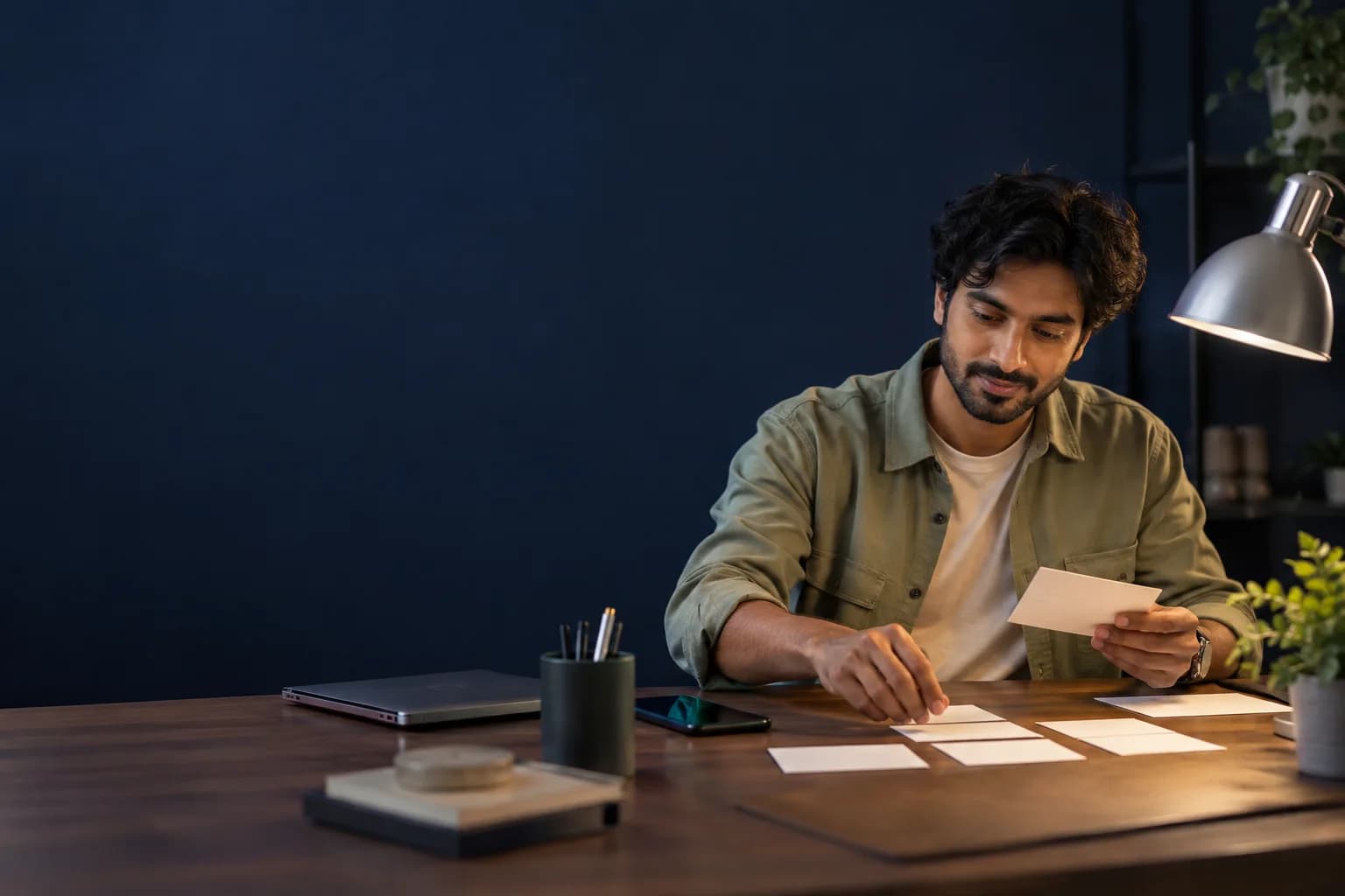 A strategist planning a conversation with note cards at a studio desk