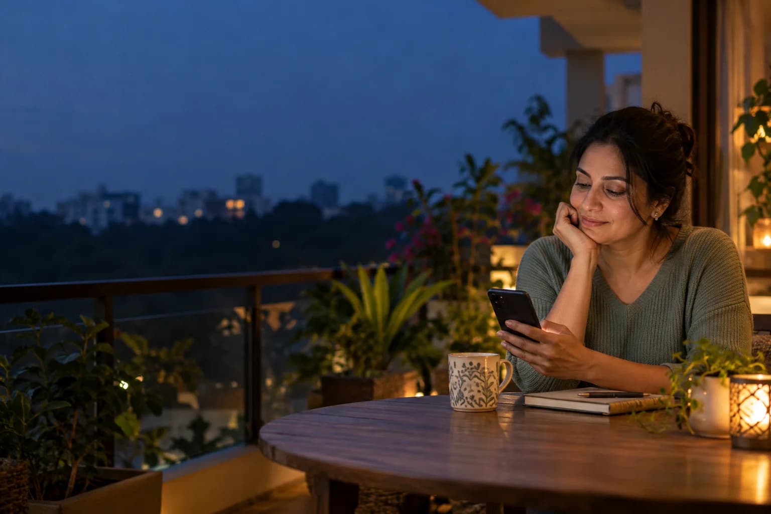 A business founder checking a conversation during an evening break