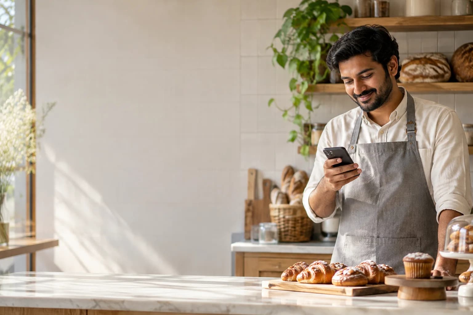 A bakery owner smiling at a customer’s mention