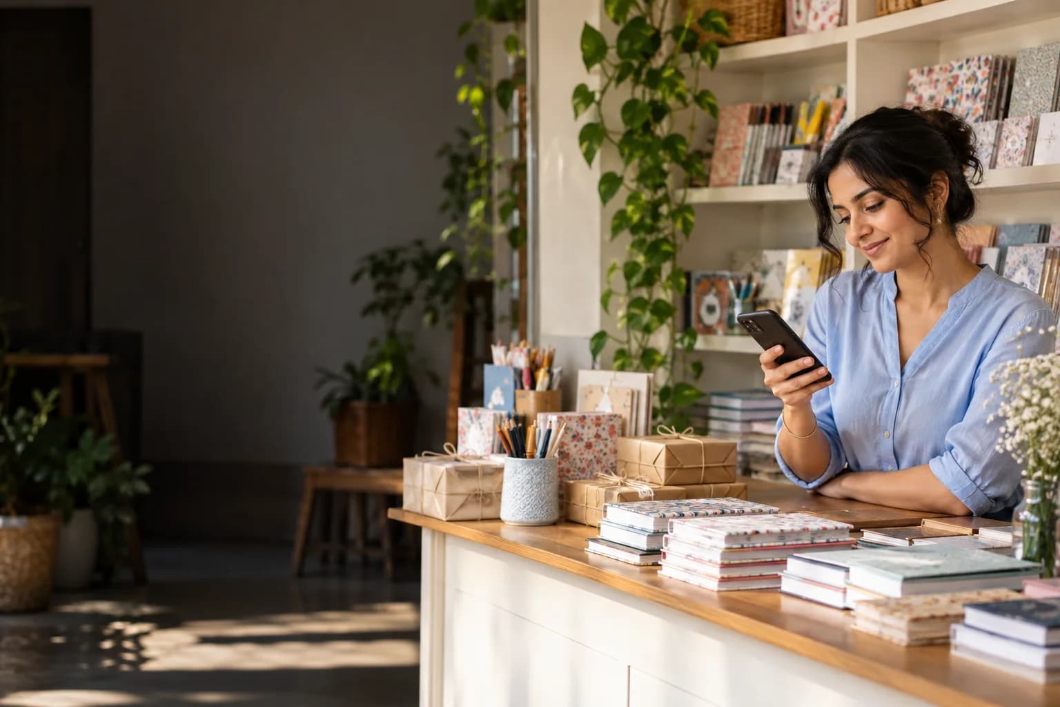 A stationery shop owner reading an enquiry at her counter