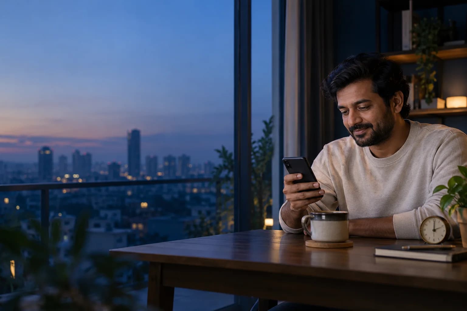 A business owner checking a conversation during a quiet evening break