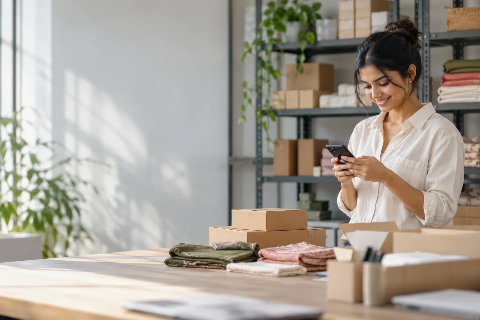 An ecommerce founder checking product enquiries beside packed orders