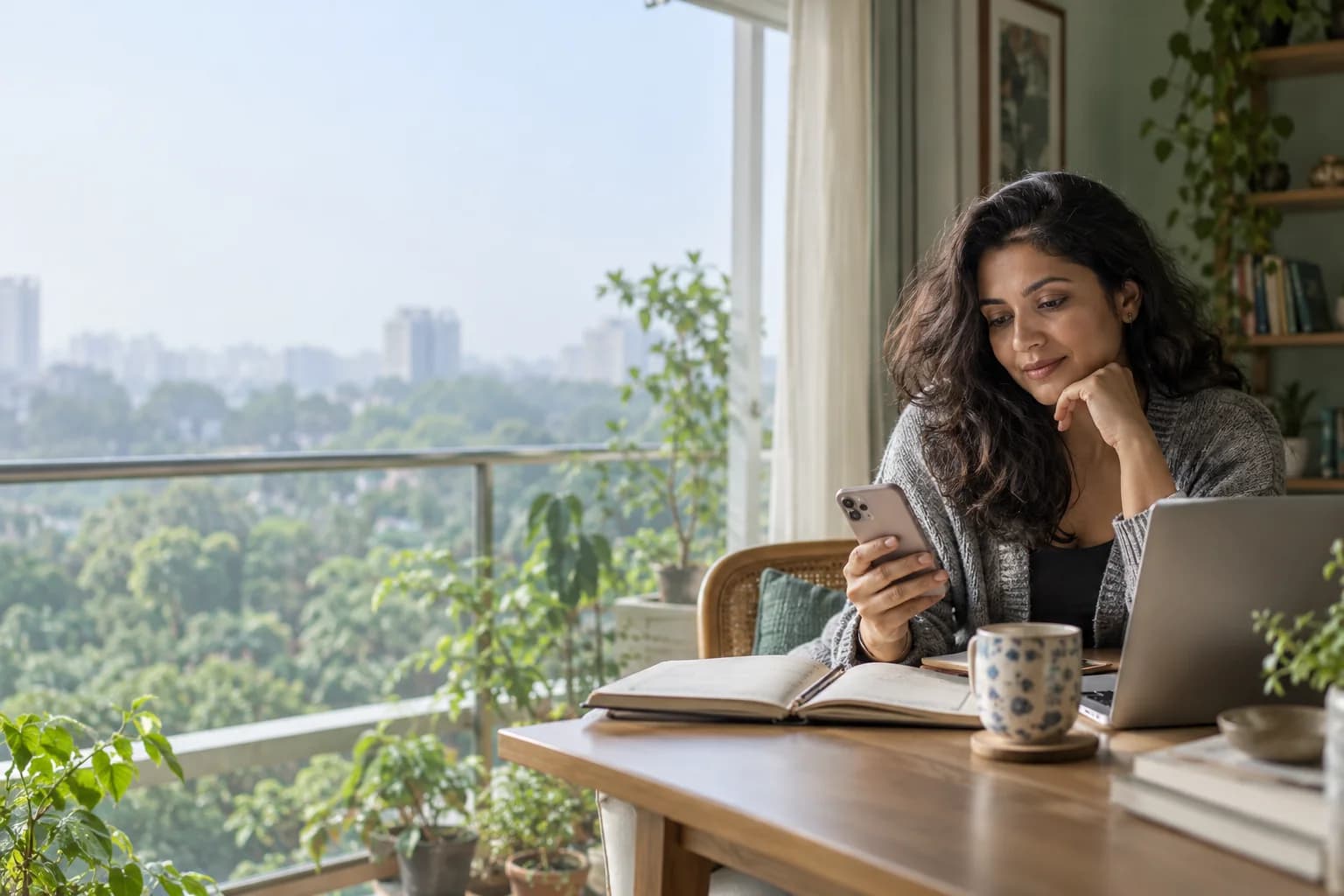 A newsletter author reviewing reader messages beside her writing desk