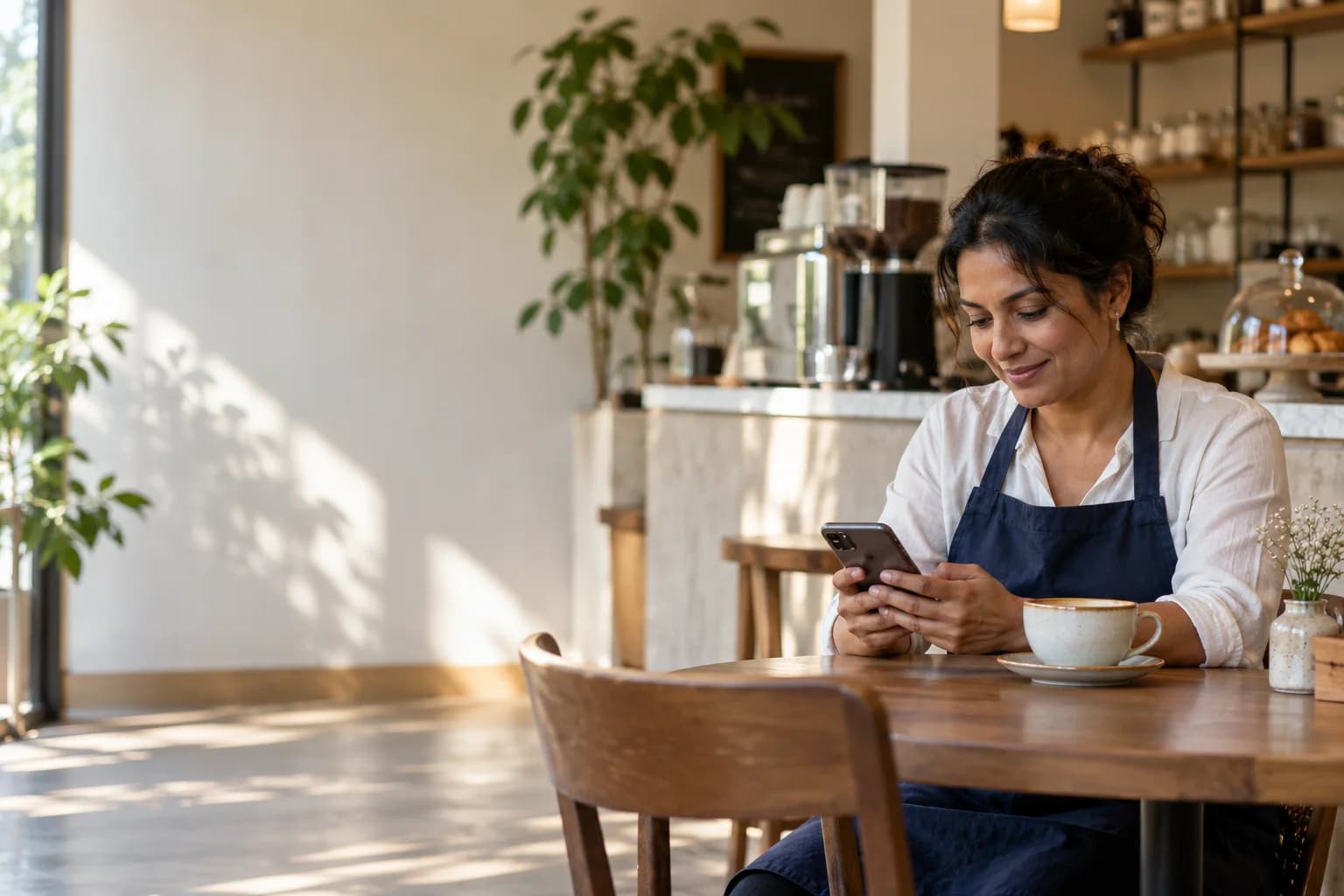 A cafe owner checking menu and booking enquiries before service