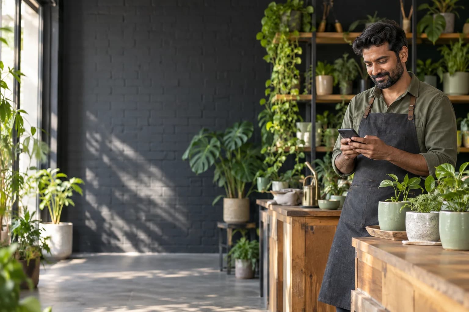 A small business owner reading a customer enquiry in his plant shop