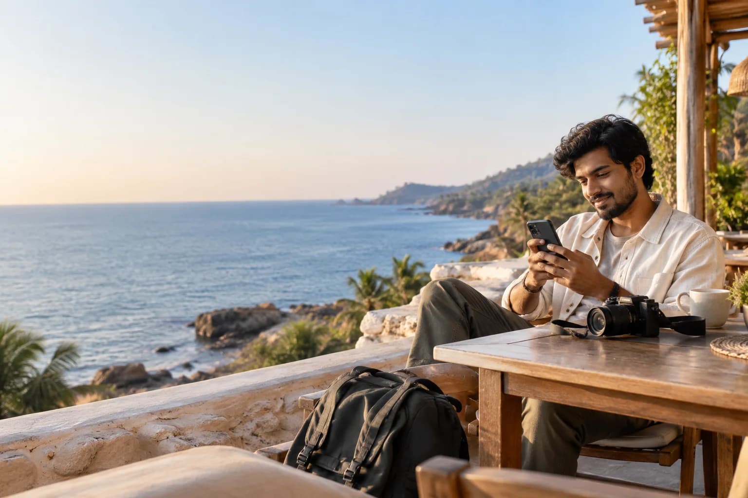 A travel creator checking itinerary requests on a seaside terrace
