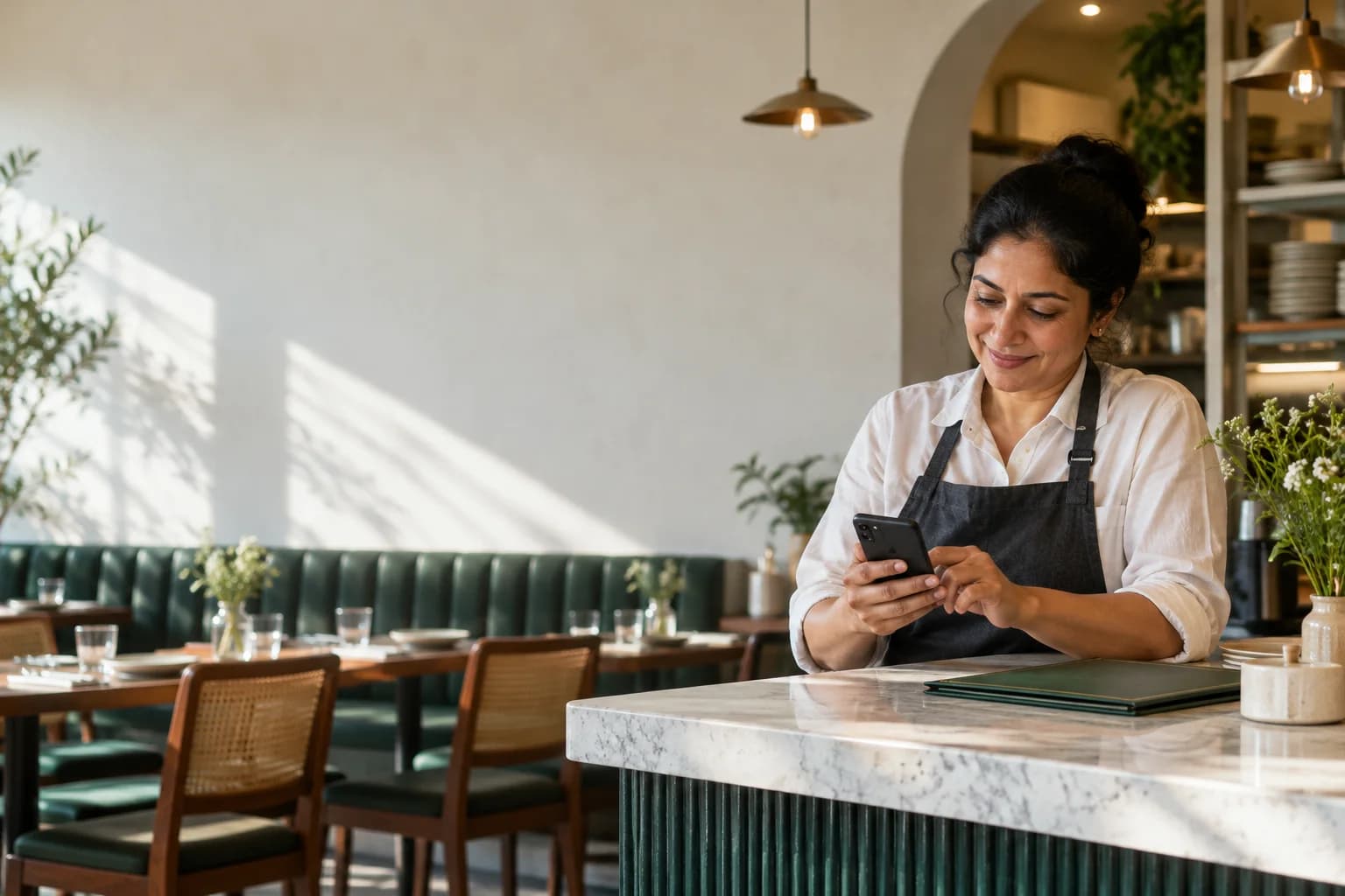 A restaurant owner checking a request for menu information