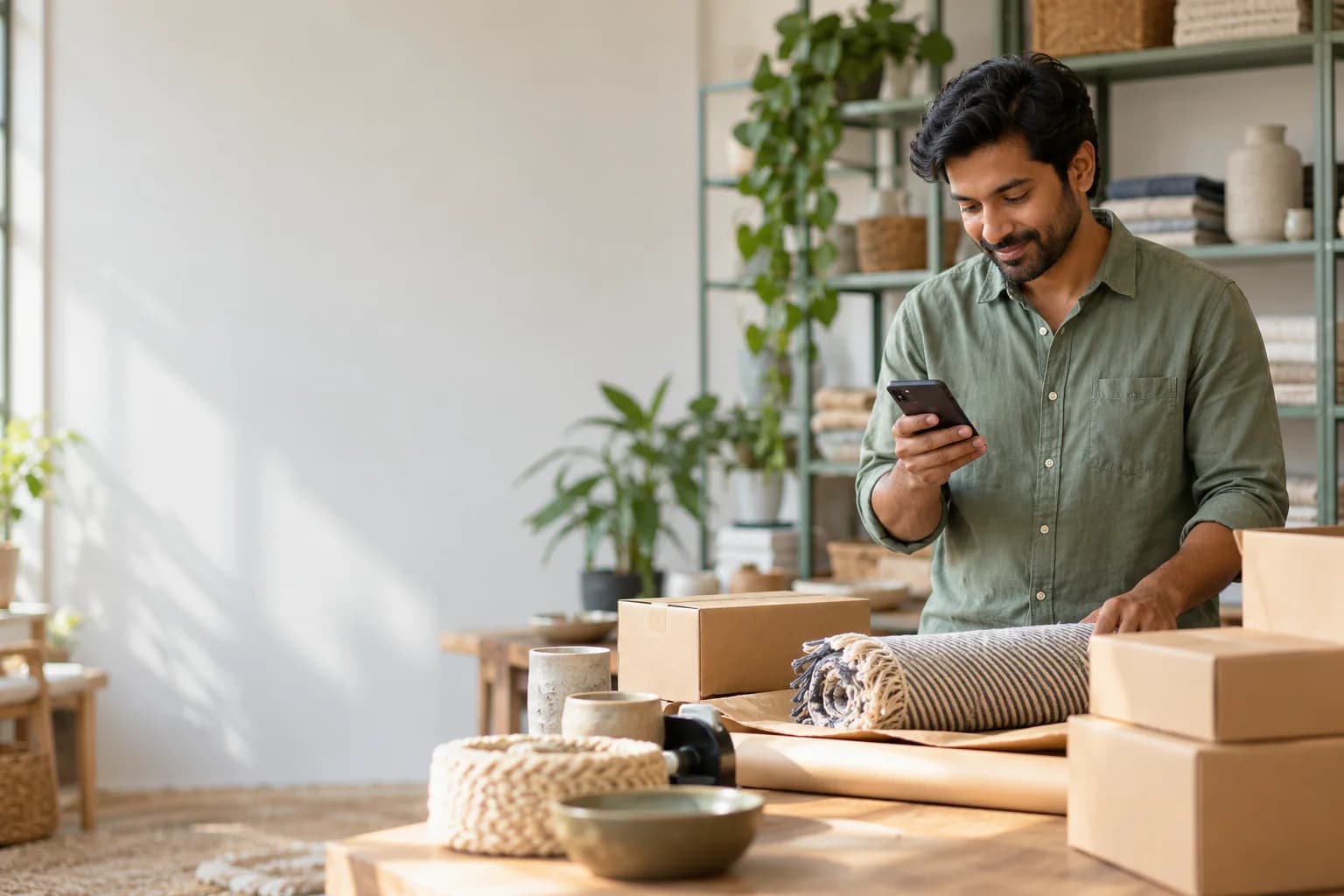 A homewares seller checking a delivery enquiry beside parcels