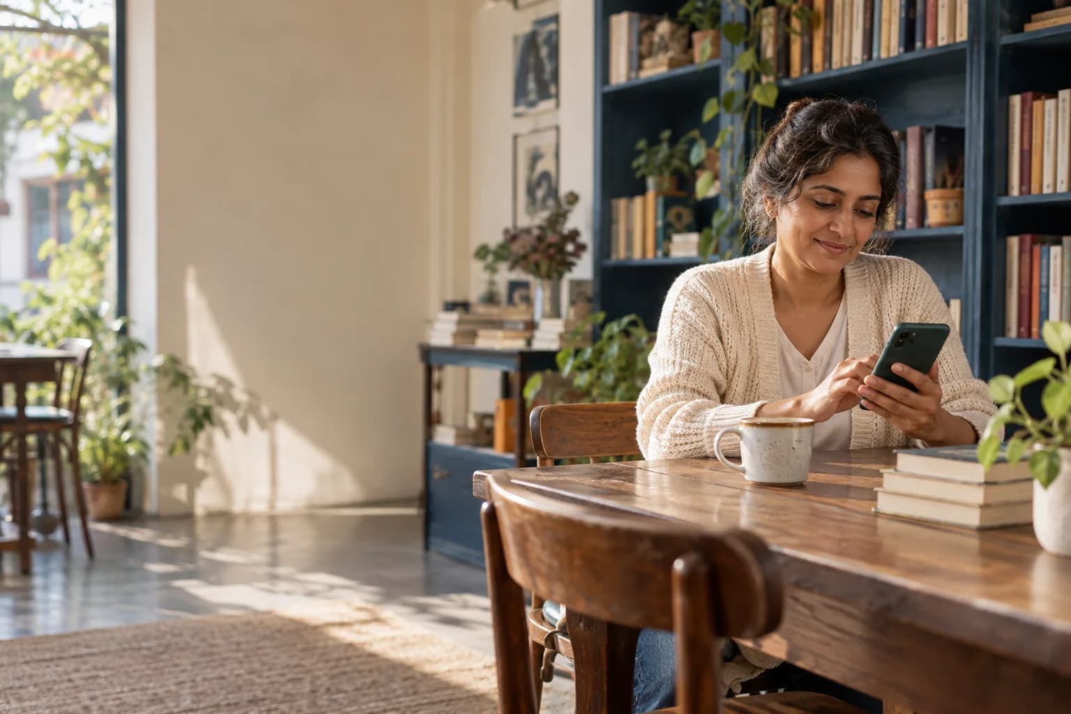 A book-cafe owner checking a public opening-hours question