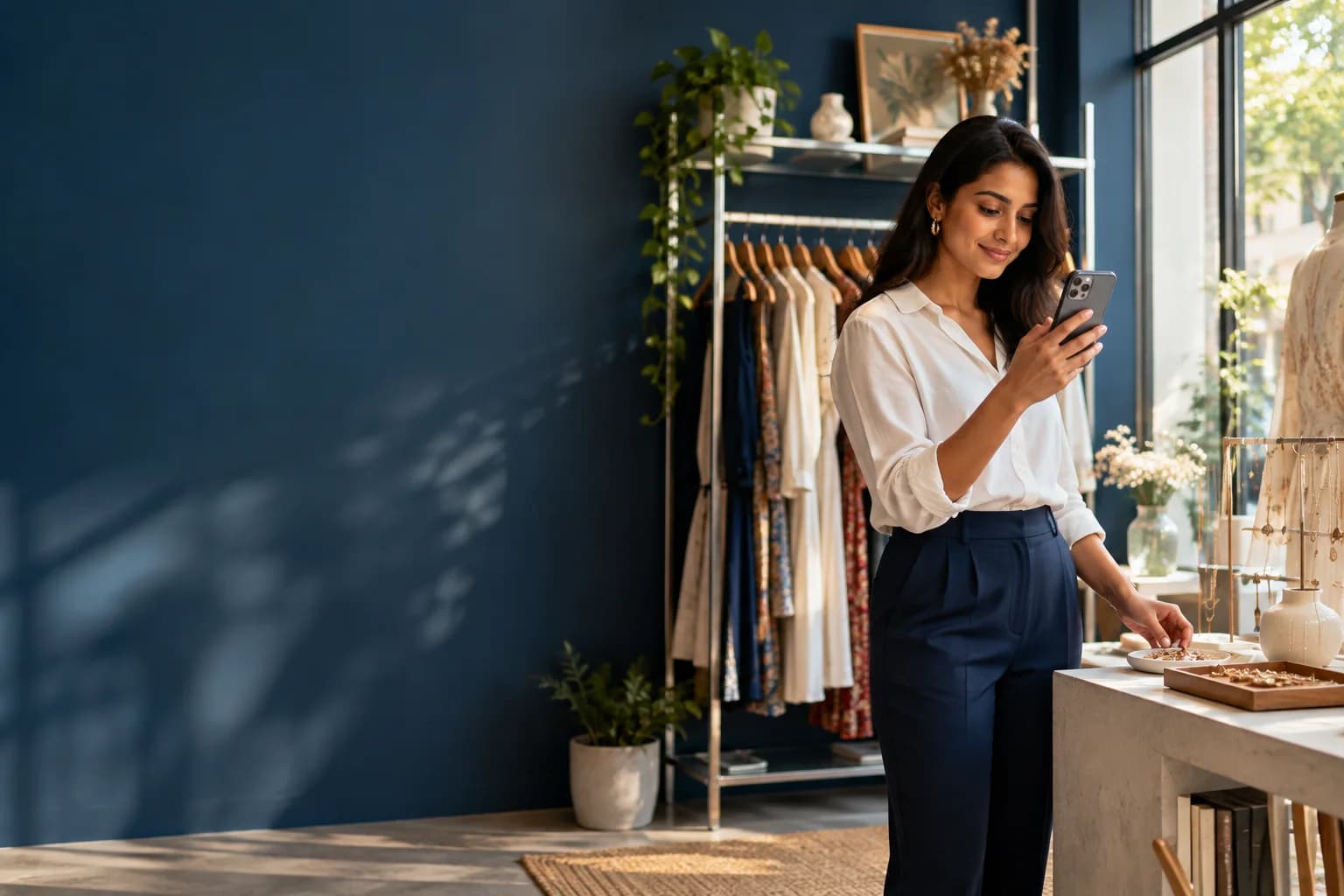 A boutique owner reviewing a request from her product Story
